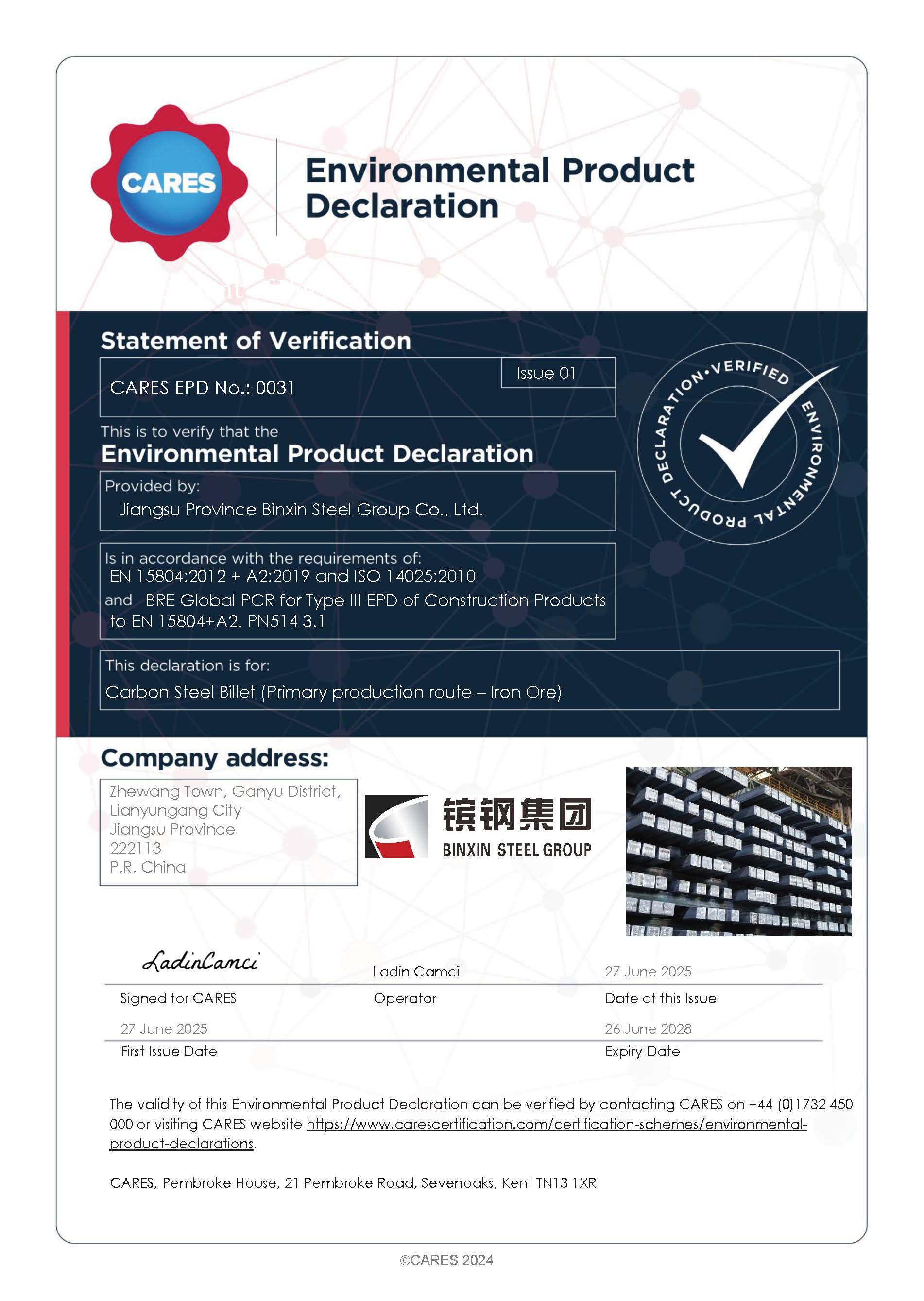 Jiangsu Province Binxin Steel Group Co., Ltd EPD